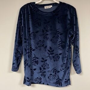 Women's' Velour pullover top/blouse , M, Navy on Navy floral print, Great Shape!